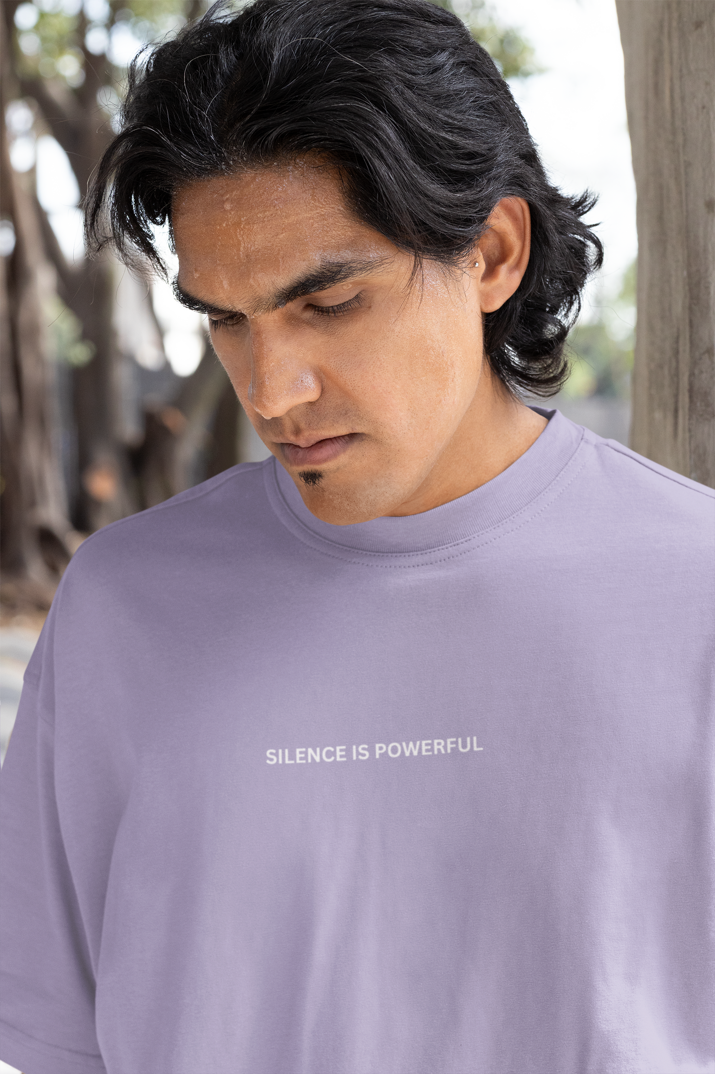 SILENCE IS POWERFUL TYPOGRAPHY | UNISEX MINIMAL PRINT OVERSIZED T-SHIRT | LAVENDER